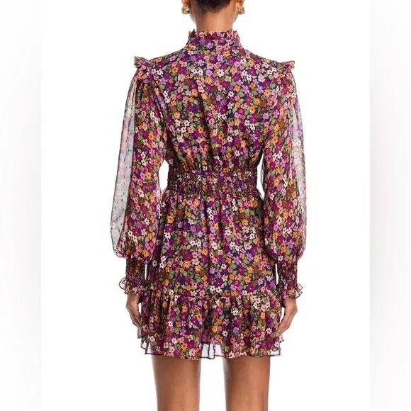 Aqua Multicolor Floral Long Sleeve Ruffled Mini Smocked Dress Exclusive Small - Picture 4 of 11